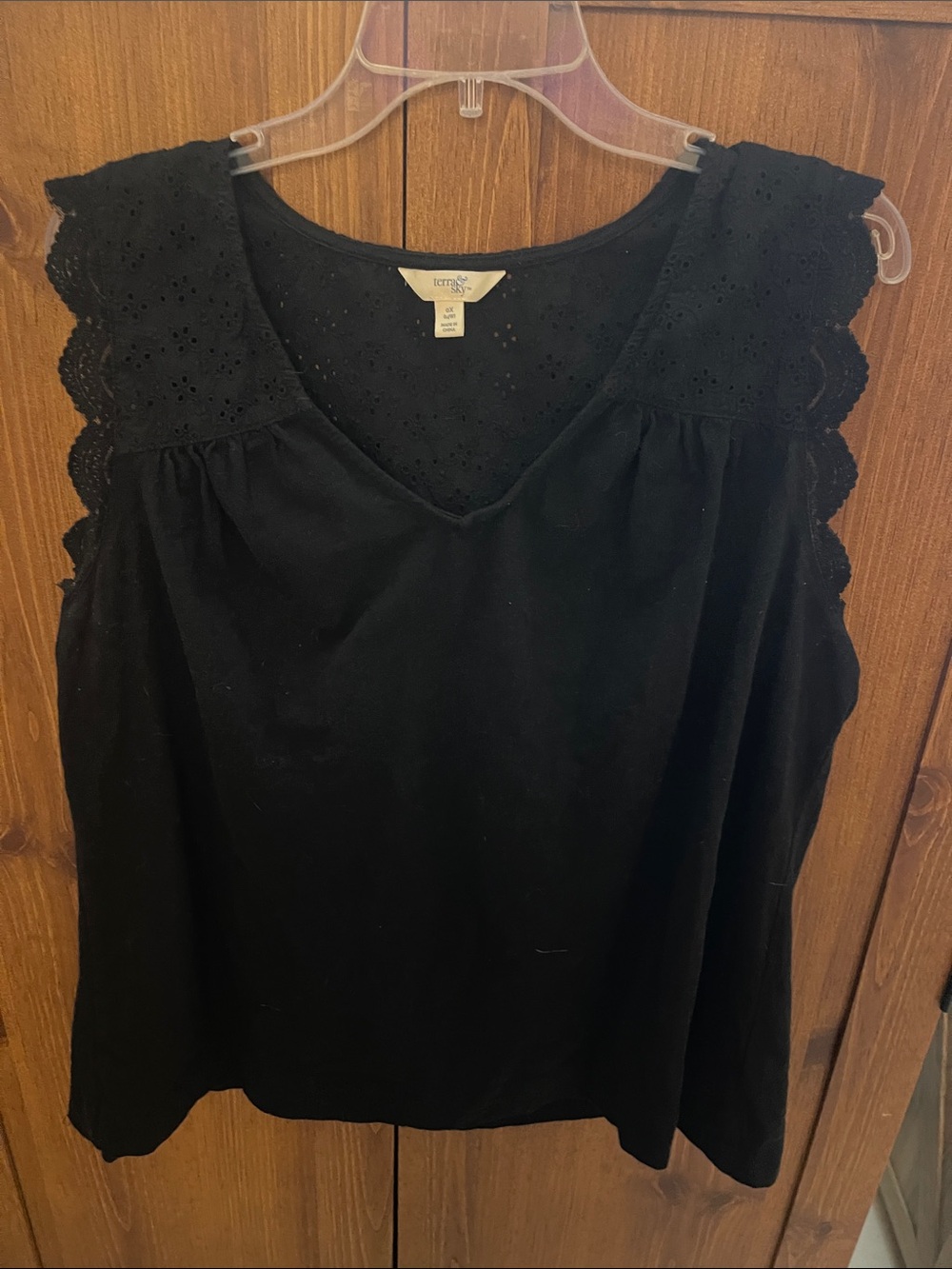 Terra & Sky Black Eyelet-Trim V-Neck Sleeveless Top